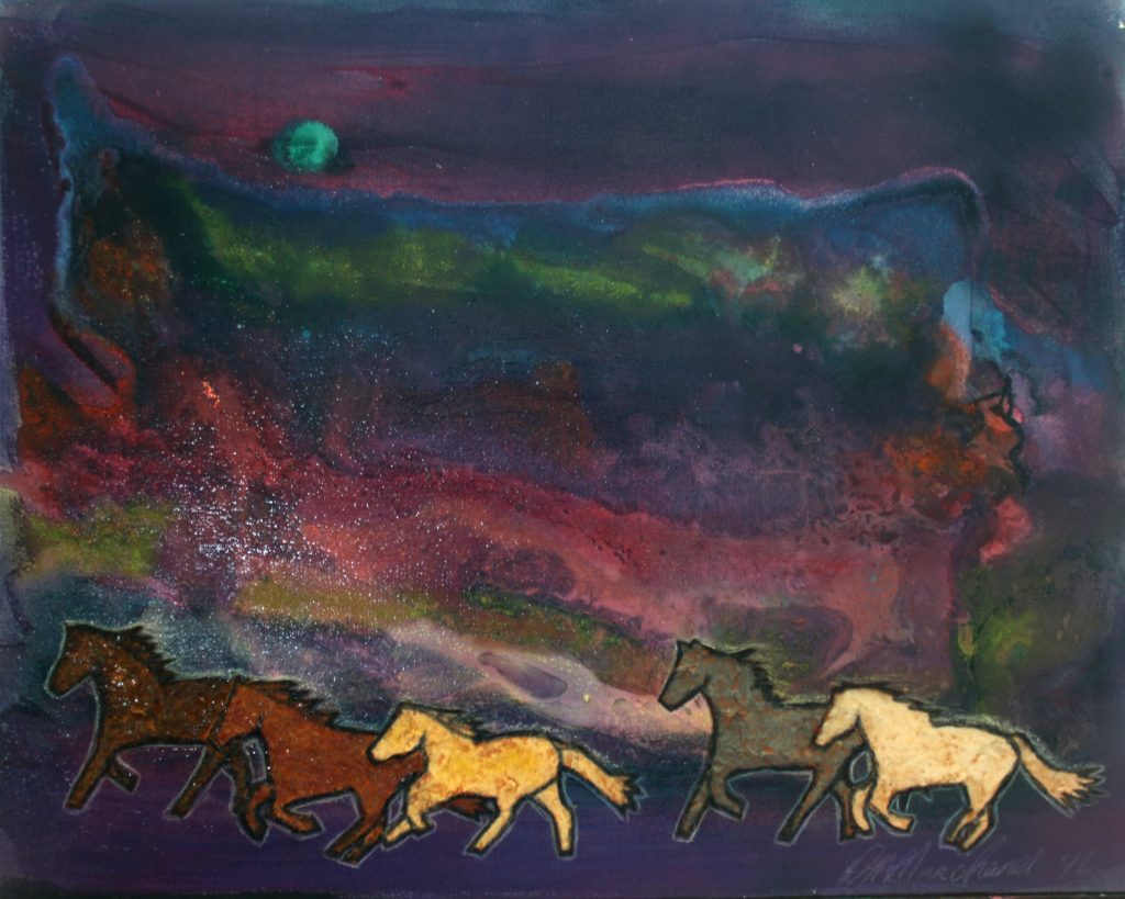 Sky Ponies. "This series is about my personal healing journey. At a difficult time in my life, I started painting these abstract skyscapes because it was all that I could paint. I put horses through them because I was remembering a story I was once told about horses in the sky. It was these stories and horses that helped me to move forward."
