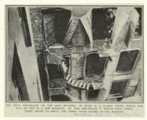 Fire escape of Asch building after the Triangle fire, New York City, 1911, via The Wallach Division Picture Collection, NYPL.